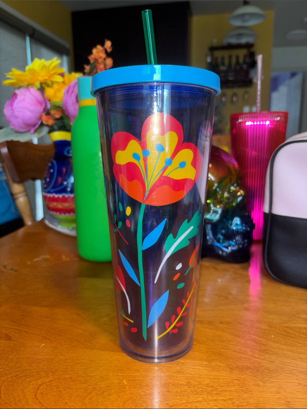 Floral Double-Wall Tumbler with Blue Lid and Straw
